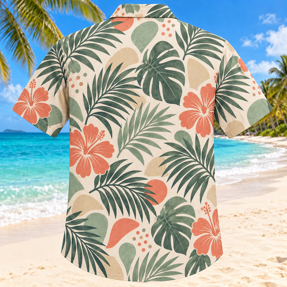 Back view of Phoneme Palm Sage Speech-Language Pathologist Hawaiian Shirt with matching artwork in sage, sand, coral
