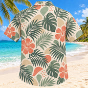 Back view of Phoneme Palm Sage Speech-Language Pathologist Hawaiian Shirt with matching artwork in sage, sand, coral