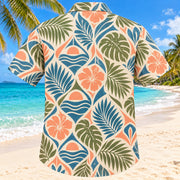 Back view of Phoneme Palm Sunset Speech-Language Pathologist Hawaiian Shirt with matching artwork in sunset peach, sea blue, olive