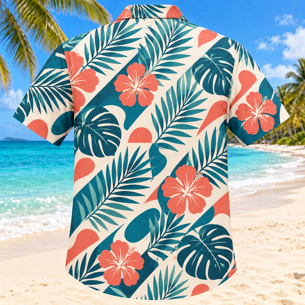 Back view of Phoneme Palm Teal Speech-Language Pathologist Hawaiian Shirt with matching artwork in deep teal, ivory, coral