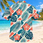 Back view of Phoneme Palm Teal Speech-Language Pathologist Hawaiian Shirt with matching artwork in deep teal, ivory, coral
