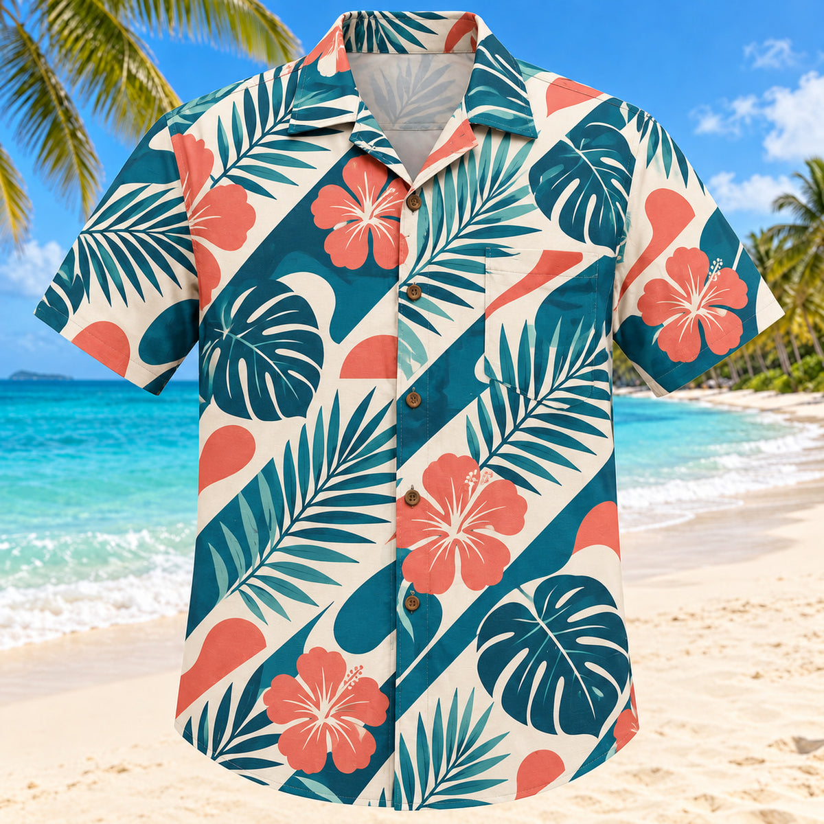 Front view of Phoneme Palm Teal Speech-Language Pathologist Hawaiian Shirt with original invented articulation shapes and palm fronds in a airy diagonal repeat