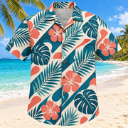 Front view of Phoneme Palm Teal Speech-Language Pathologist Hawaiian Shirt with original invented articulation shapes and palm fronds in a airy diagonal repeat