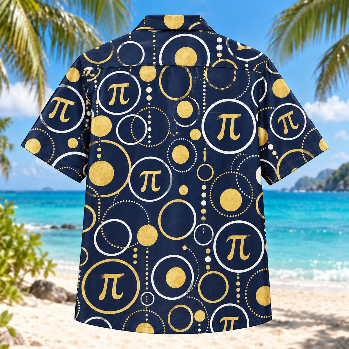 Back view of Pi Geometry Mathematics Hawaiian Shirt with matching artwork in navy, white, gold