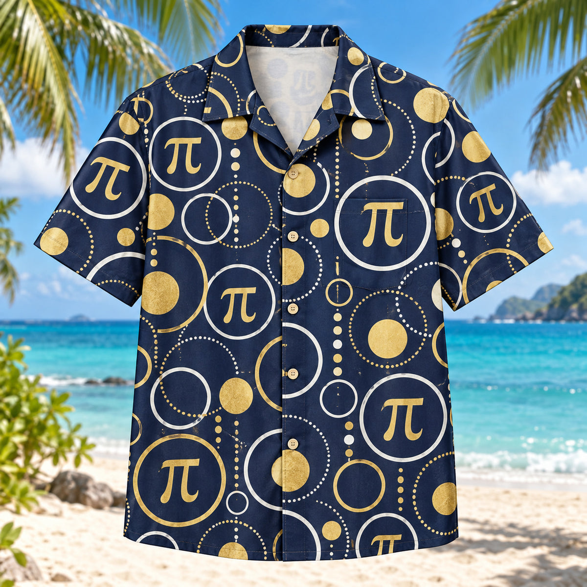 Front view of Pi Geometry Mathematics Hawaiian Shirt with pi symbol and simple circles in an original geometric pattern