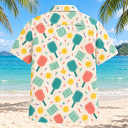 Back view of Pickleball Confetti Hawaiian Shirt with matching pickleball artwork in warm cream, coral, teal, yellow, lavender