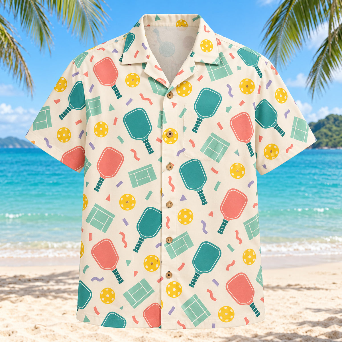 Front view of Pickleball Confetti Hawaiian Shirt with rhythmic scattered generic paddle icons, perforated balls, tiny court corners and abstract festive shapes, tasteful clear spacing
