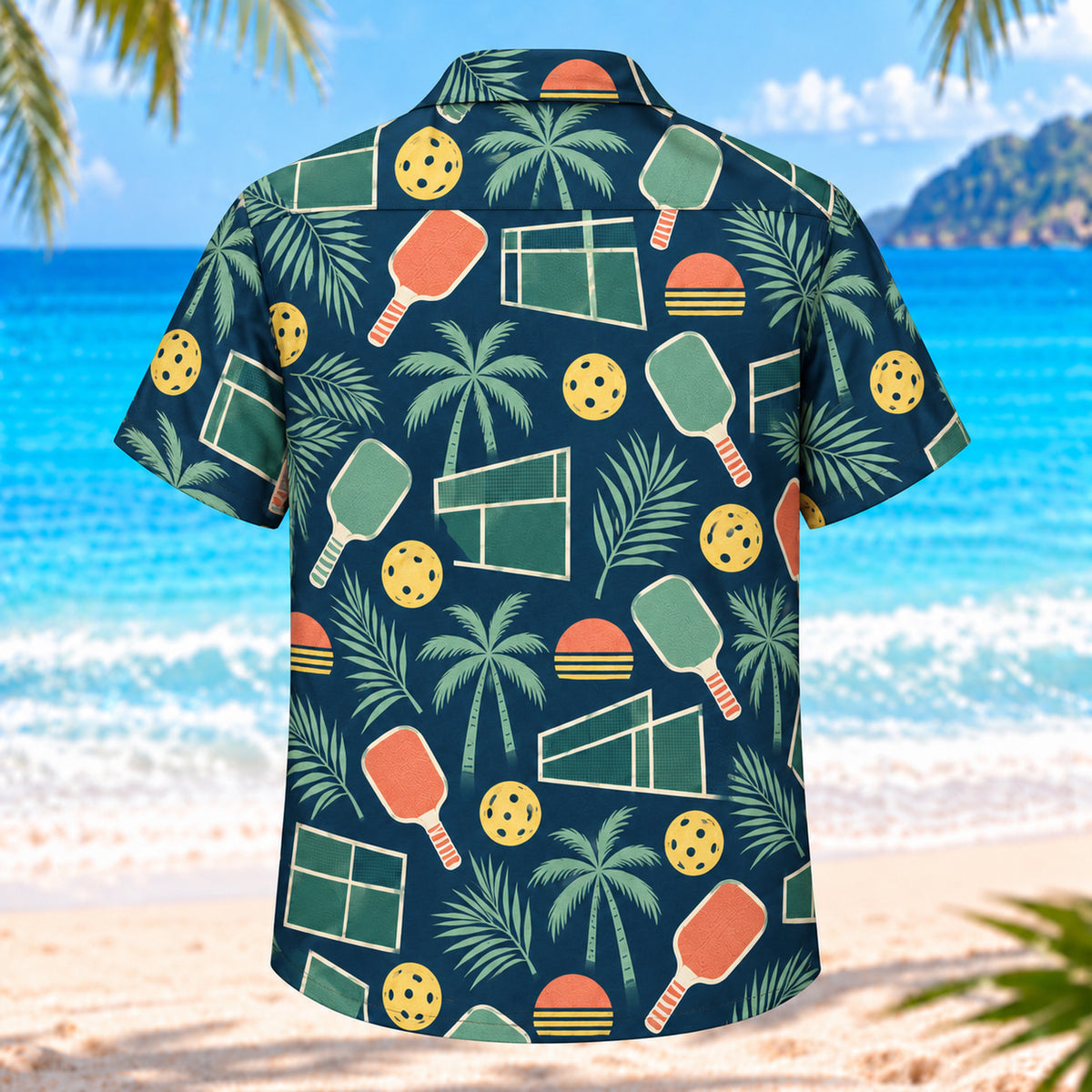 Back view of Retro Coastal Pickleball Hawaiian Shirt with paddles, perforated balls, court details and palm motifs