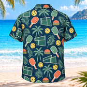 Back view of Retro Coastal Pickleball Hawaiian Shirt with paddles, perforated balls, court details and palm motifs