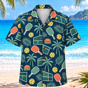 Front view of Retro Coastal Pickleball Hawaiian Shirt with paddles, perforated balls, court details and palm motifs