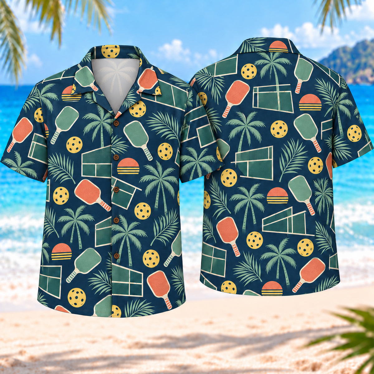 Retro Coastal Pickleball Hawaiian Shirt front and back, navy tropical pickleball print, unprinted inner neck with faint reverse-side show-through
