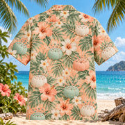 Back view of Pin Cushion Sewing and Quilting Hawaiian Shirt with matching artwork in peach, mint, ivory