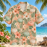 Front view of Pin Cushion Sewing and Quilting Hawaiian Shirt with plain pin cushions among tropical flowers