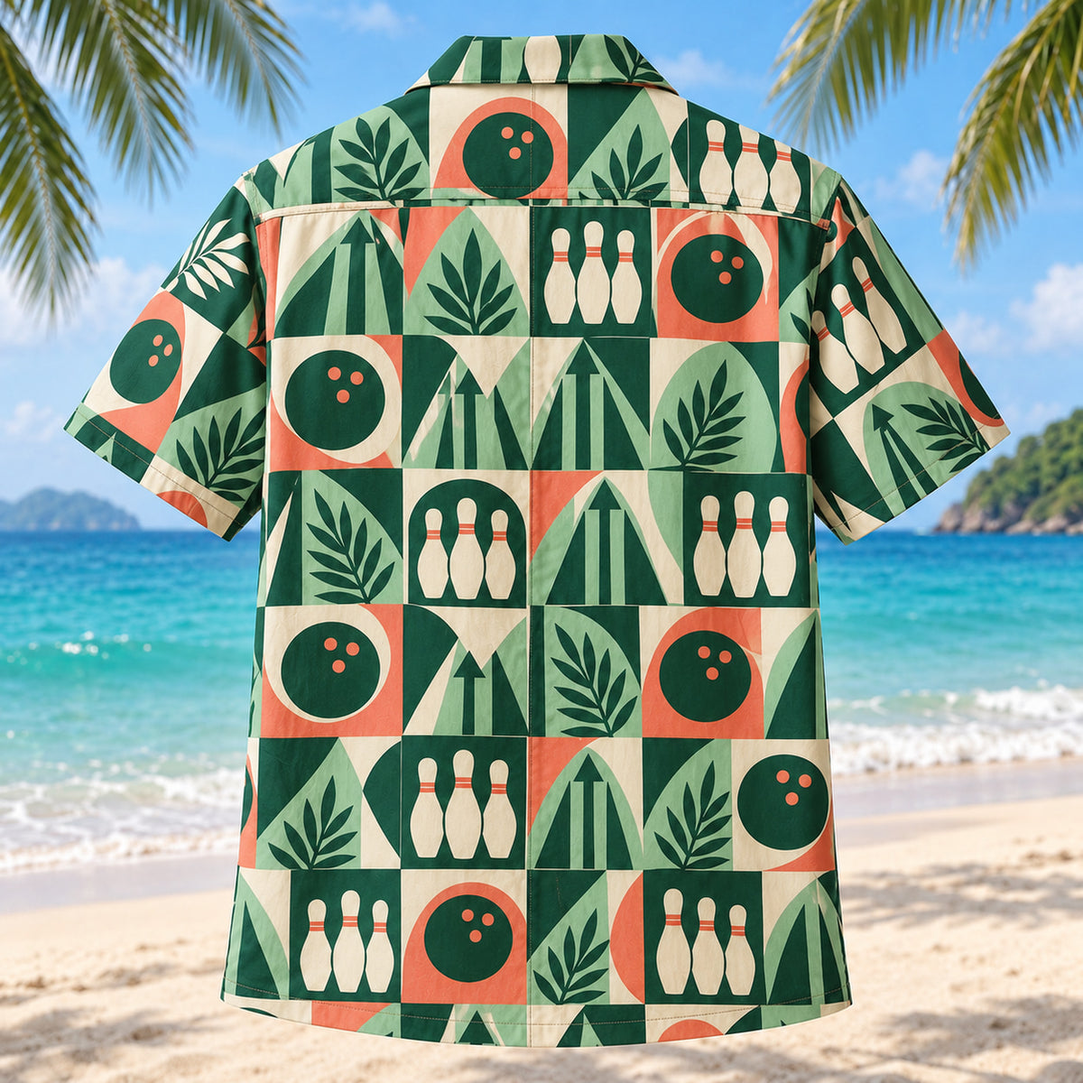 Back view of Pin Tile Mosaic Bowling Hawaiian Shirt with matching bowling artwork in deep green, mint, coral, ivory