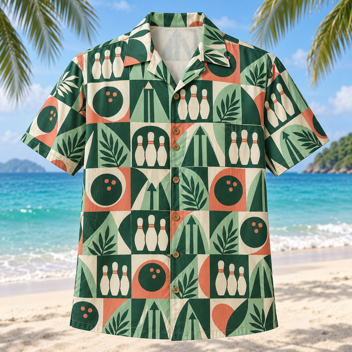 Front view of Pin Tile Mosaic Bowling Hawaiian Shirt with geometric tiles alternating original pin clusters, three-hole balls, lane arrows and minimal leaves