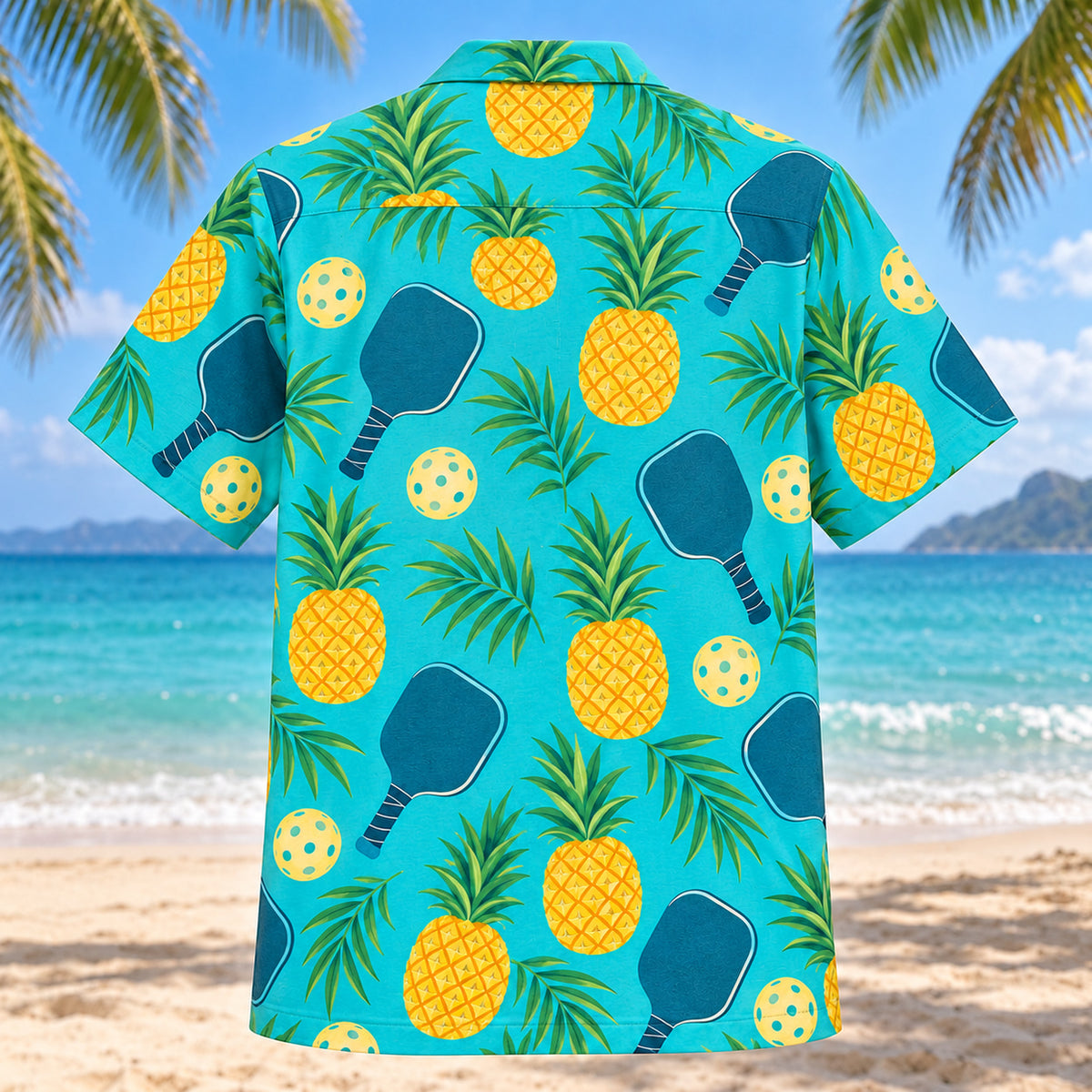 Back view of Pineapple Paddle Pop Pickleball Hawaiian Shirt with matching pickleball artwork in turquoise, pineapple yellow, deep teal, cream
