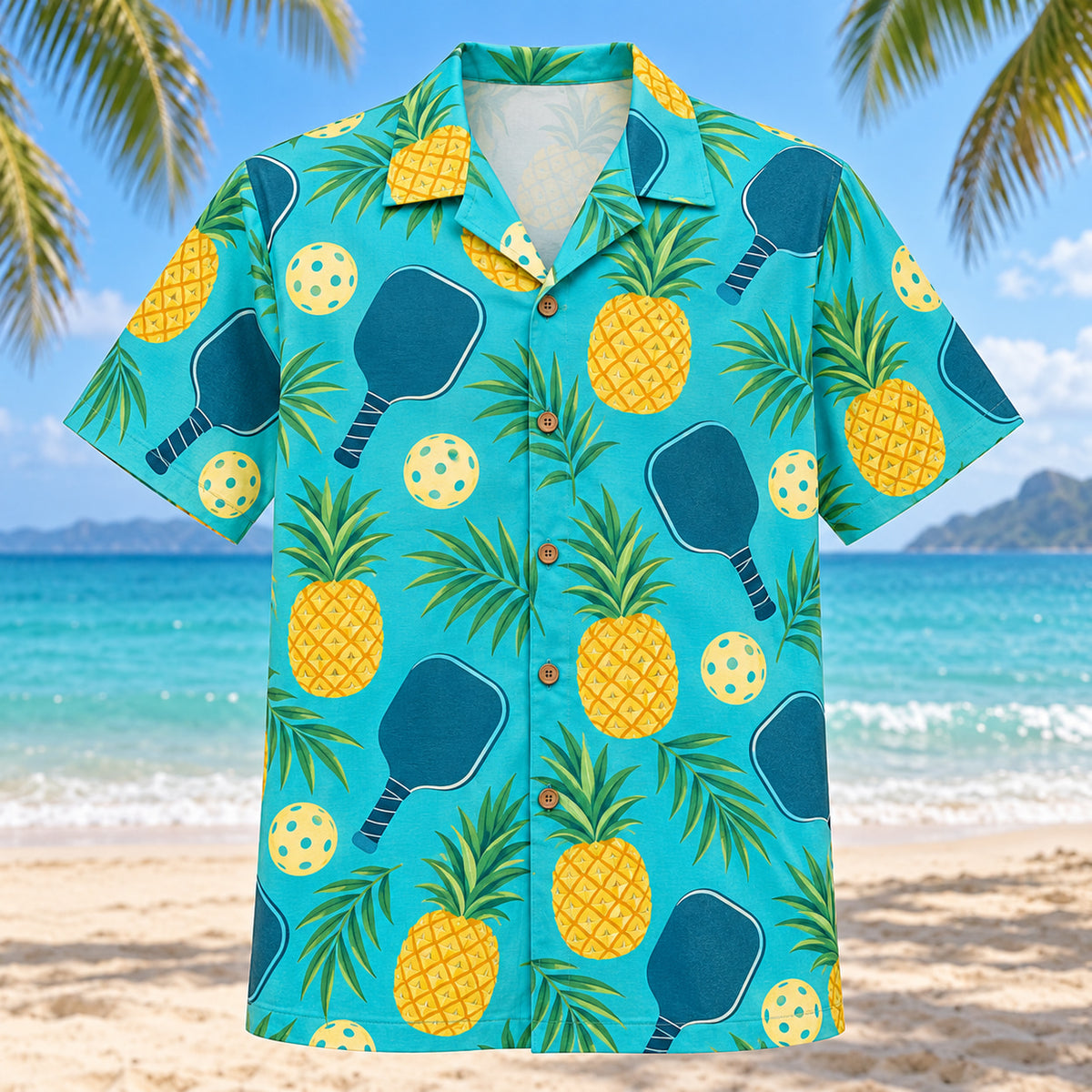 Front view of Pineapple Paddle Pop Pickleball Hawaiian Shirt with original cut-paper pineapples, generic pickleball paddles, perforated balls and palm leaves in a spacious repeat