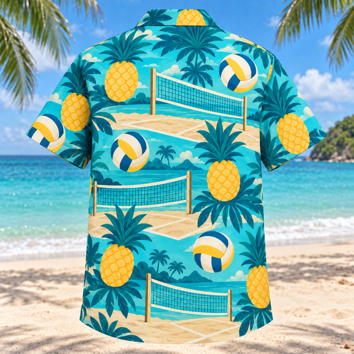 Back view of Pineapple Pop Beach Volleyball Hawaiian Shirt with matching beach volleyball artwork in turquoise, pineapple yellow, deep teal, cream
