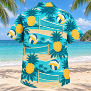 Back view of Pineapple Pop Beach Volleyball Hawaiian Shirt with matching beach volleyball artwork in turquoise, pineapple yellow, deep teal, cream