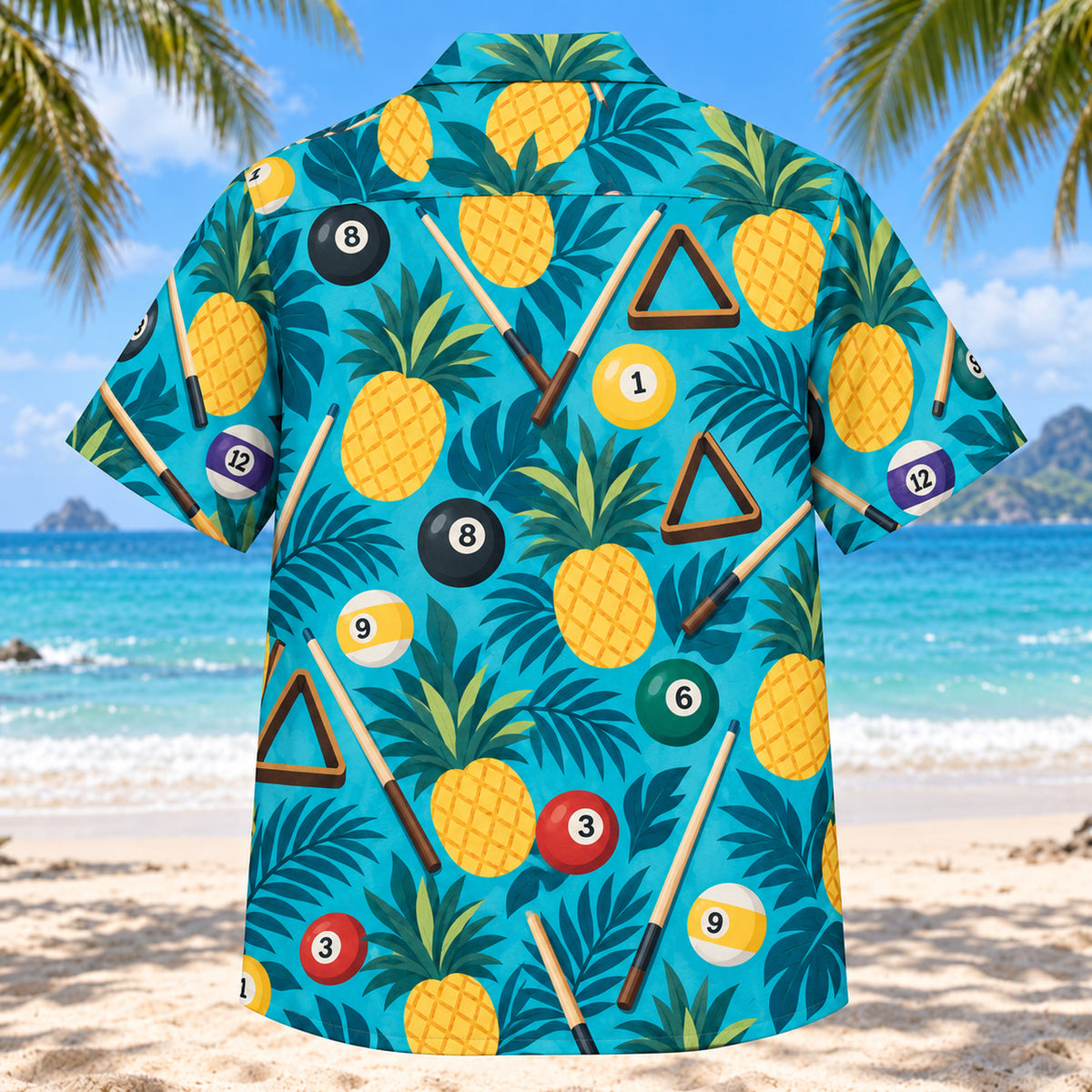 Back view of Pineapple Pop Billiards Hawaiian Shirt with matching billiards artwork in turquoise, pineapple yellow, deep teal, cream