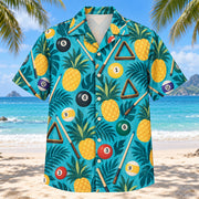Front view of Pineapple Pop Billiards Hawaiian Shirt with original cut-paper pineapples alongside numbered pool balls, plain cue sticks and simple racking triangles in a roomy repeat