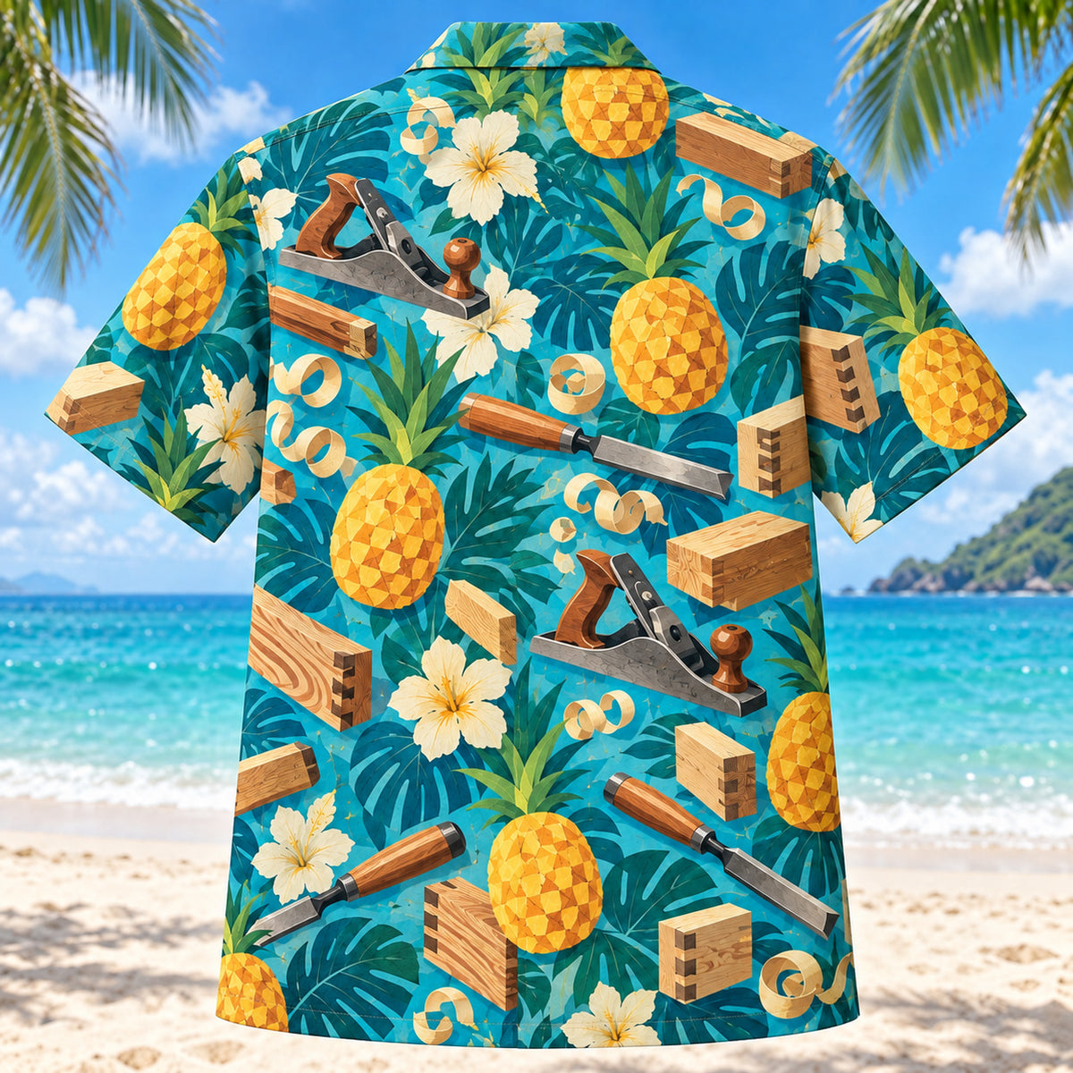 Back view of Pineapple Pop Carpenter Hawaiian Shirt with matching carpenter artwork in turquoise, pineapple yellow, deep teal, cream