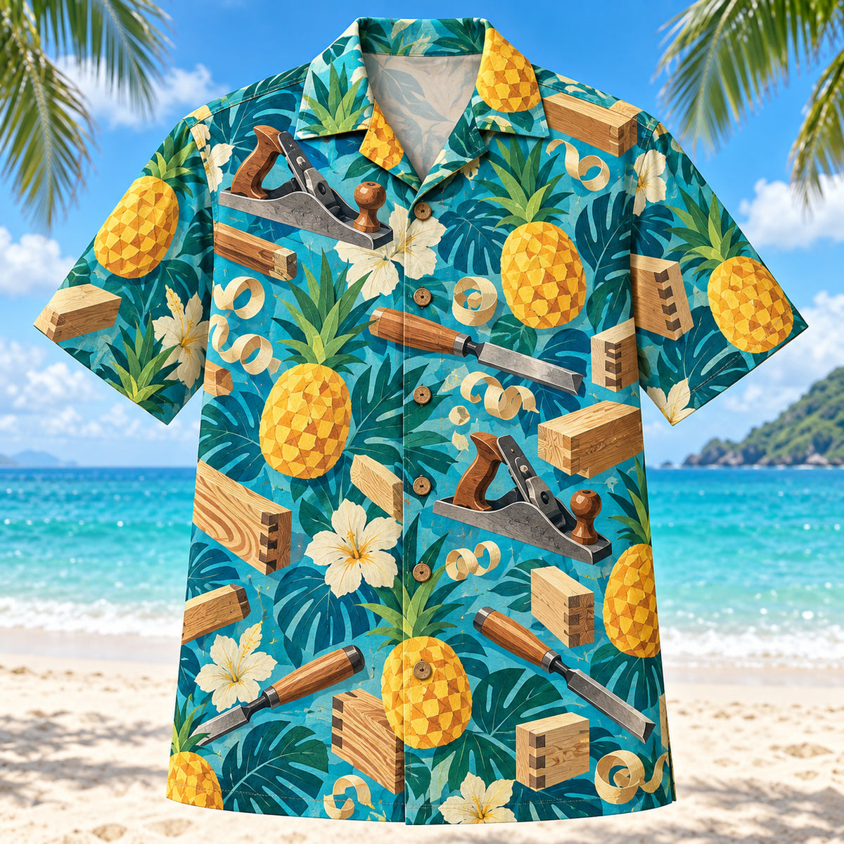 Front view of Pineapple Pop Carpenter Hawaiian Shirt with original cut-paper pineapples alongside vintage hand planes, chisels, wood joints, shavings and original wood grain in a roomy repeat
