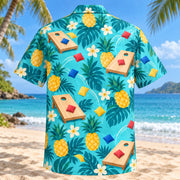 Back view of Pineapple Pop Cornhole Hawaiian Shirt with matching cornhole artwork in turquoise, pineapple yellow, deep teal, cream