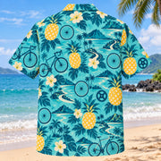Back view of Pineapple Pop Cycling Hawaiian Shirt with matching cycling artwork in turquoise, pineapple yellow, deep teal, cream