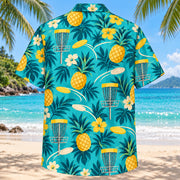 Back view of Pineapple Pop Disc Golf Hawaiian Shirt with matching disc golf artwork in turquoise, pineapple yellow, deep teal, cream