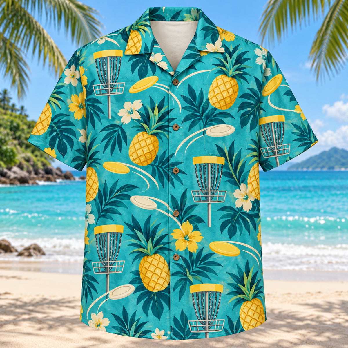 Front view of Pineapple Pop Disc Golf Hawaiian Shirt with original cut-paper pineapples alongside disc golf chain baskets, plain flying discs and curved flight trails in a roomy repeat