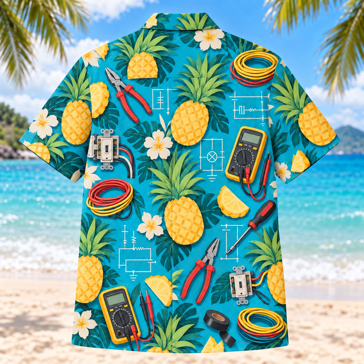 Back view of Pineapple Pop Electrician Hawaiian Shirt with matching electrician artwork in turquoise, pineapple yellow, deep teal, cream