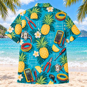 Back view of Pineapple Pop Electrician Hawaiian Shirt with matching electrician artwork in turquoise, pineapple yellow, deep teal, cream