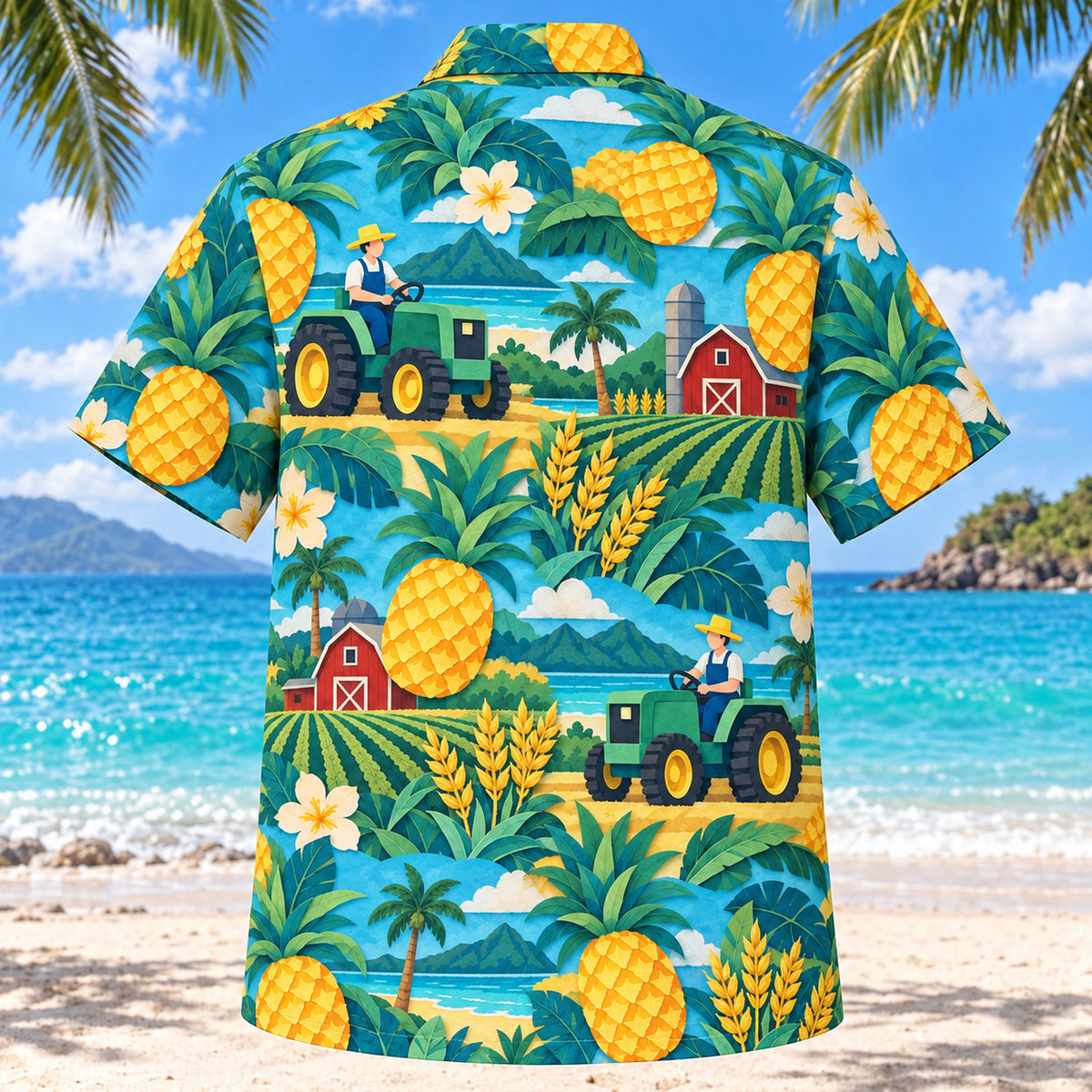 Back view of Pineapple Pop Farmer and Tractor Hawaiian Shirt with matching farmer and tractor artwork in turquoise, pineapple yellow, deep teal, cream
