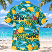 Back view of Pineapple Pop Farmer and Tractor Hawaiian Shirt with matching farmer and tractor artwork in turquoise, pineapple yellow, deep teal, cream