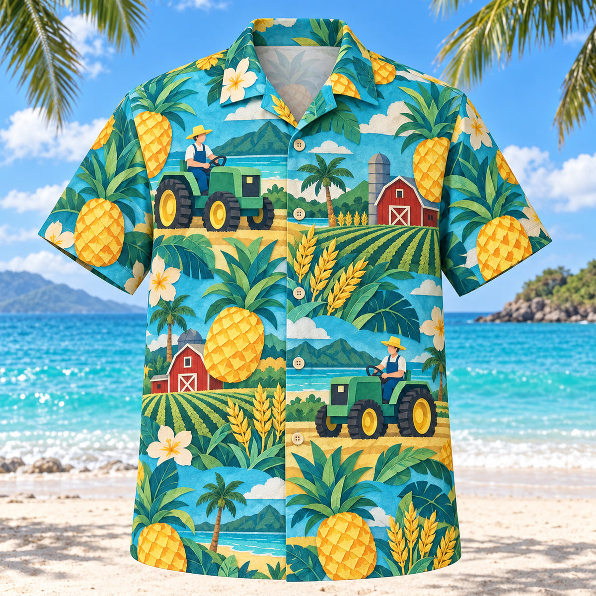 Front view of Pineapple Pop Farmer and Tractor Hawaiian Shirt with original cut-paper pineapples alongside generic tractors, fields, wheat, barns and crops in a roomy repeat