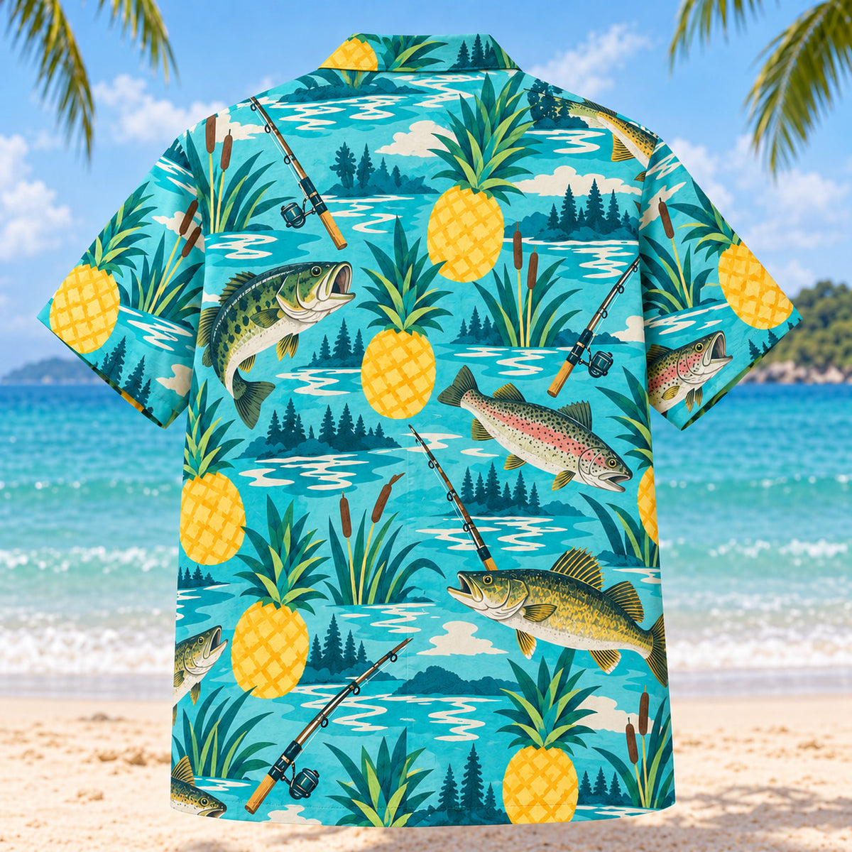 Back view of Pineapple Pop Freshwater Fishing Hawaiian Shirt with matching freshwater fishing artwork in turquoise, pineapple yellow, deep teal, cream