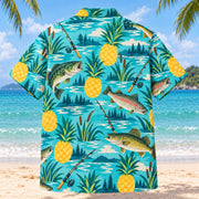 Back view of Pineapple Pop Freshwater Fishing Hawaiian Shirt with matching freshwater fishing artwork in turquoise, pineapple yellow, deep teal, cream