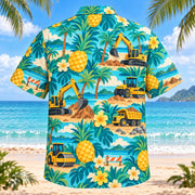 Back view of Pineapple Pop Heavy Equipment Operator Hawaiian Shirt with matching heavy equipment operator artwork in turquoise, pineapple yellow, deep teal, cream