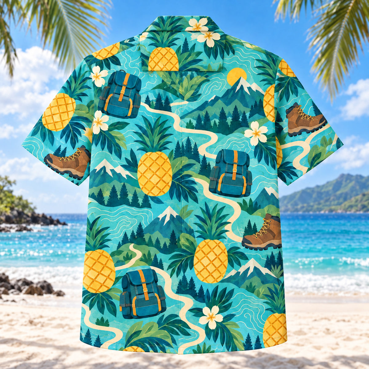 Back view of Pineapple Pop Hiking and Backpacking Hawaiian Shirt with matching hiking and backpacking artwork in turquoise, pineapple yellow, deep teal, cream