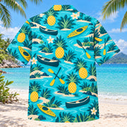 Back view of Pineapple Pop Kayak and Canoe Hawaiian Shirt with matching kayak and canoe artwork in turquoise, pineapple yellow, deep teal, cream