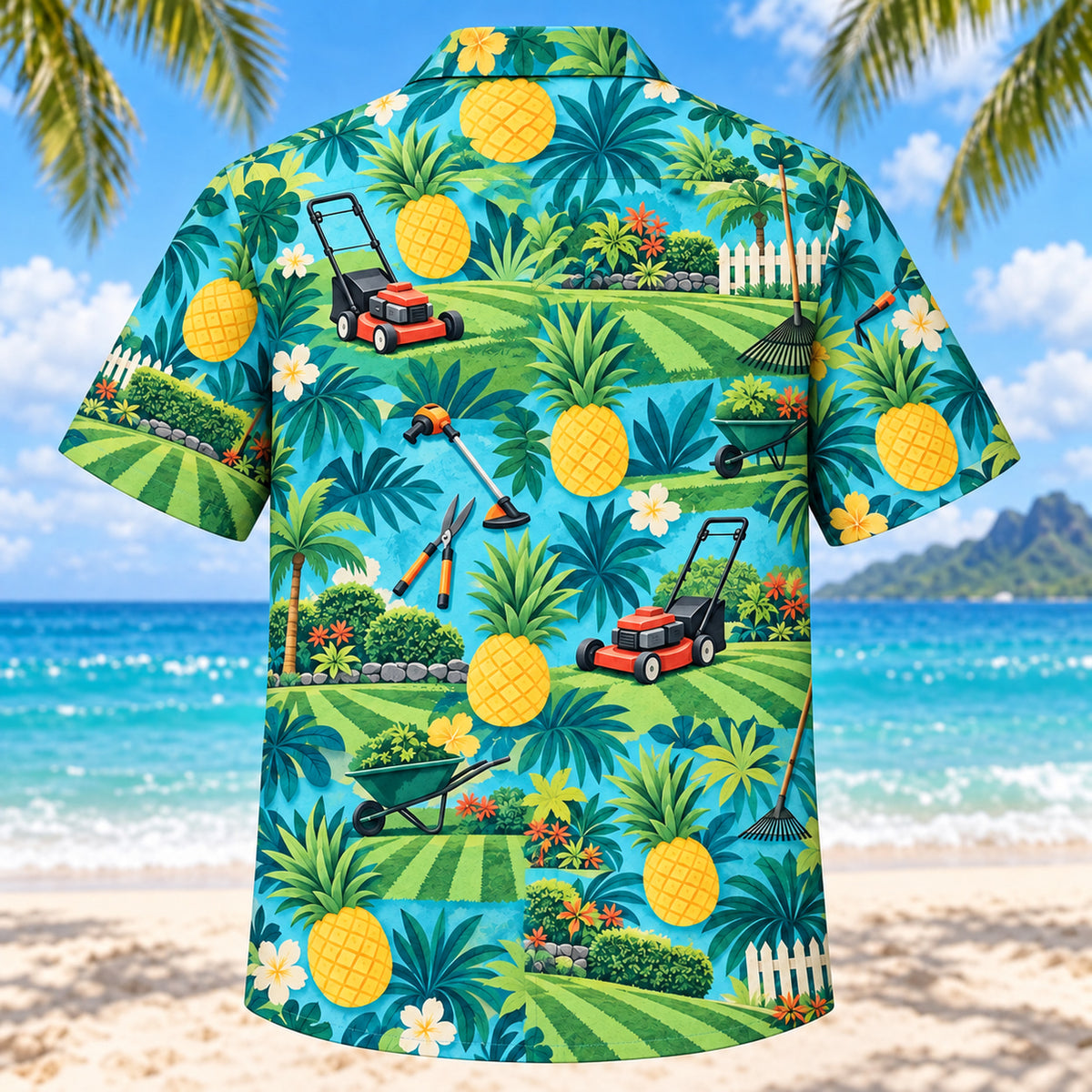 Back view of Pineapple Pop Landscaper Hawaiian Shirt with matching landscaper artwork in turquoise, pineapple yellow, deep teal, cream