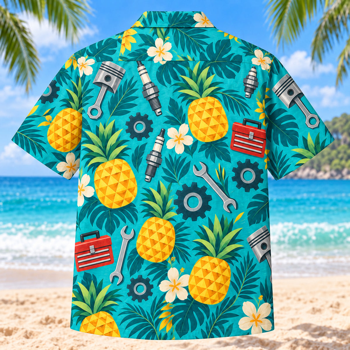 Back view of Pineapple Pop Mechanic Hawaiian Shirt with matching mechanic artwork in turquoise, pineapple yellow, deep teal, cream