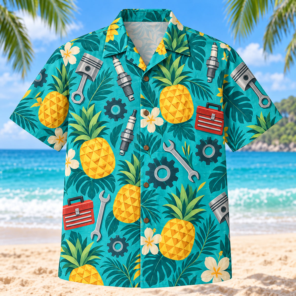 Front view of Pineapple Pop Mechanic Hawaiian Shirt with original cut-paper pineapples alongside generic pistons, spark plugs, wrenches, toolboxes and gears in a roomy repeat