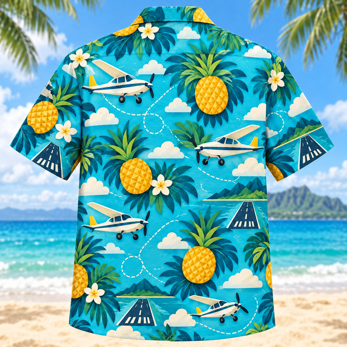 Back view of Pineapple Pop Pilot and Aviation Hawaiian Shirt with matching pilot and aviation artwork in turquoise, pineapple yellow, deep teal, cream