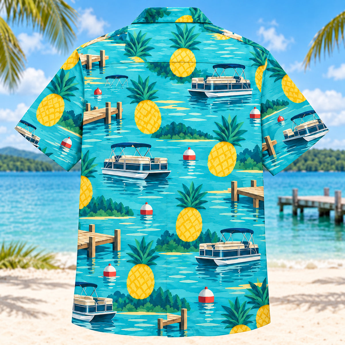 Back view of Pineapple Pop Pontoon Boating Hawaiian Shirt with matching pontoon boating artwork in turquoise, pineapple yellow, deep teal, cream