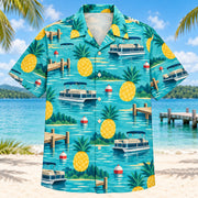 Front view of Pineapple Pop Pontoon Boating Hawaiian Shirt with original cut-paper pineapples alongside generic pontoon boats, lake docks, buoys and calm-water ripples in a roomy repeat