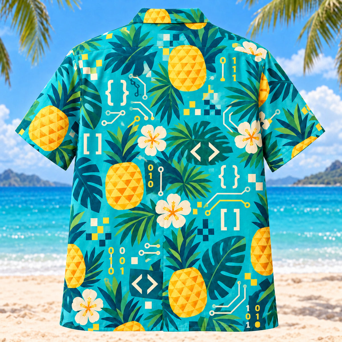 Back view of Pineapple Pop Programmer Hawaiian Shirt with matching programmer artwork in turquoise, pineapple yellow, deep teal, cream