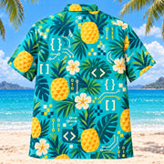 Back view of Pineapple Pop Programmer Hawaiian Shirt with matching programmer artwork in turquoise, pineapple yellow, deep teal, cream