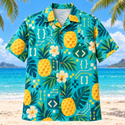 Front view of Pineapple Pop Programmer Hawaiian Shirt with original cut-paper pineapples alongside original brackets, readable self-written pseudocode, binary patterns, pixels and invented debugging symbols in a roomy repeat